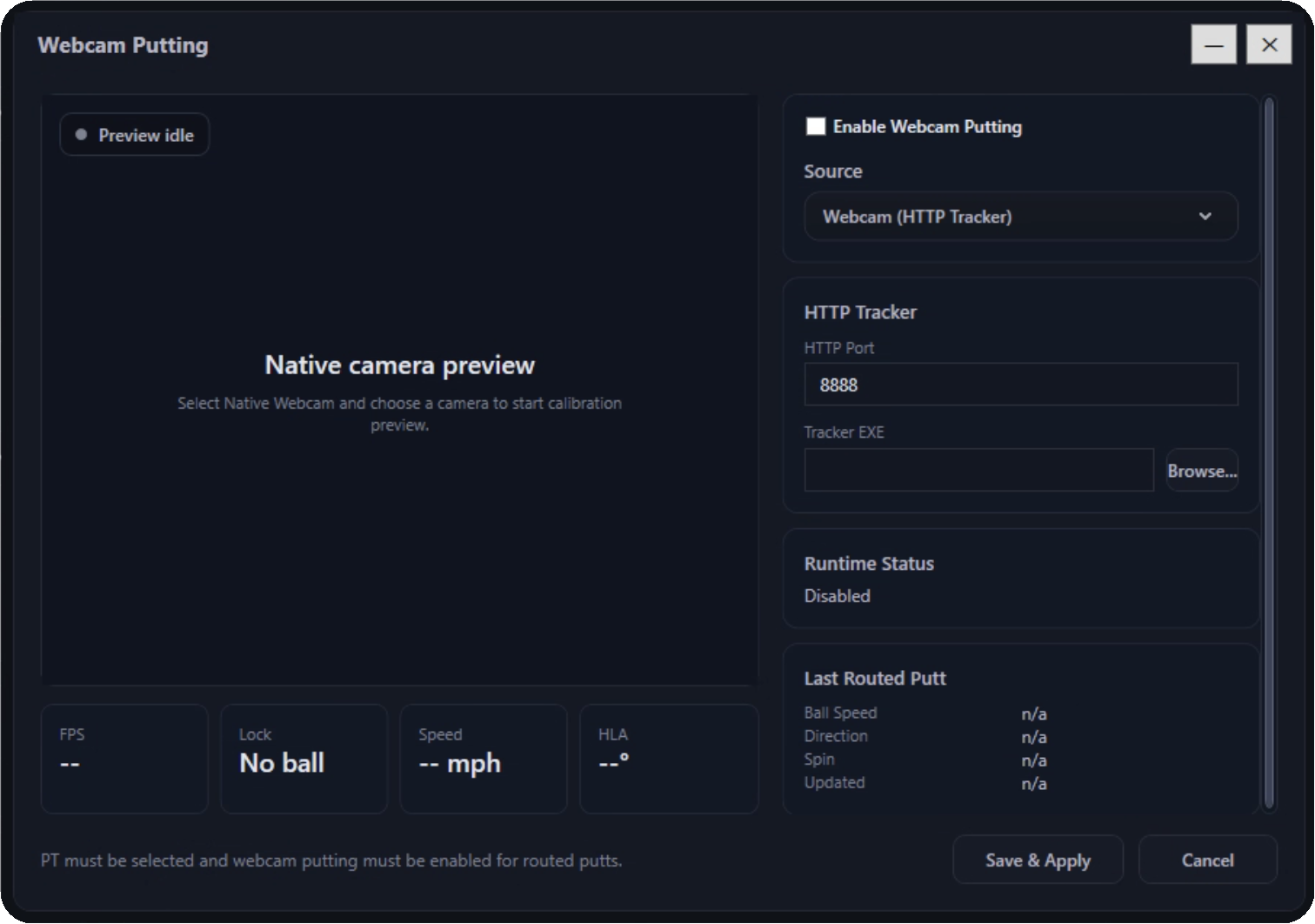 Webcam putting settings